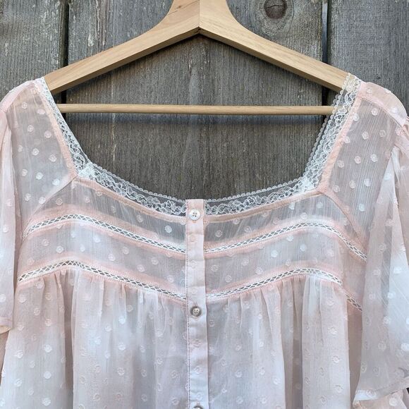 TORRID Top Womens 3XL Pale Pink Chiffon Polka Dot Button Front Blouse Crochet - Picture 6 of 14